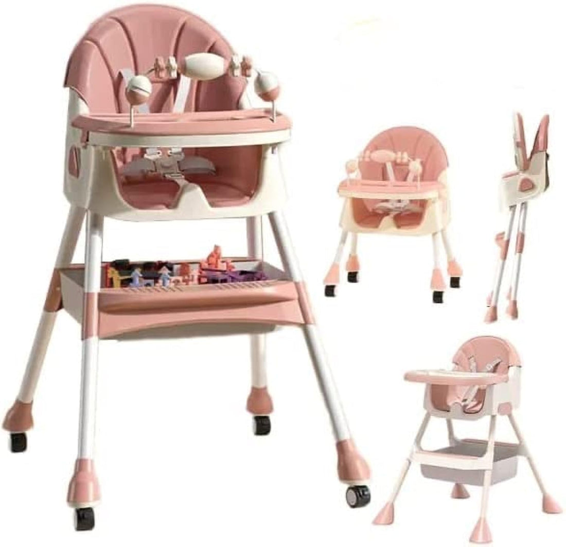Fantastic-Kids-Toys 5 In 1 Baby High Chair | Newborn Feeding Chair | Adjustable Double Snack Tray (Pink)