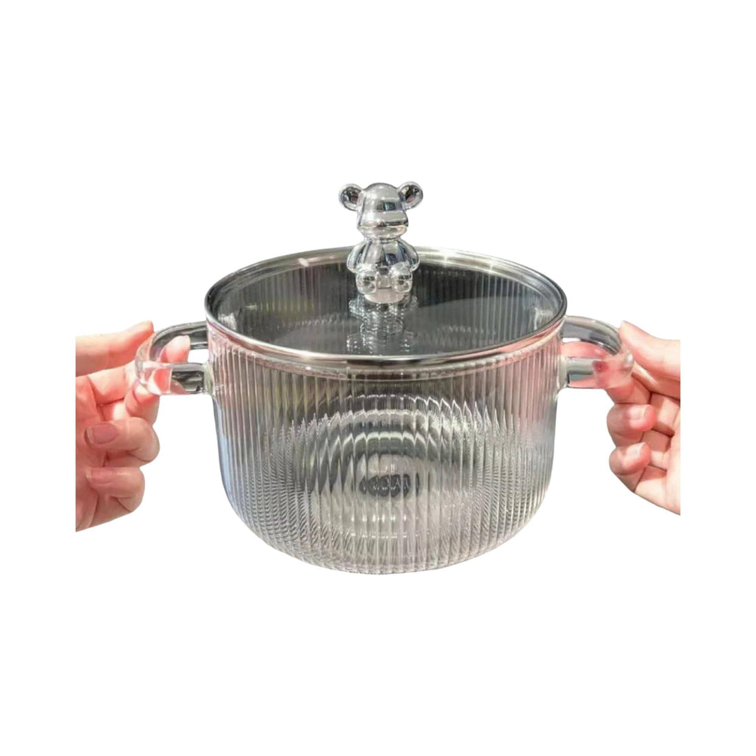Clear Glass Cooking Pot with Lid, Side Handles, Ribbed Design, for Cooking and Serving