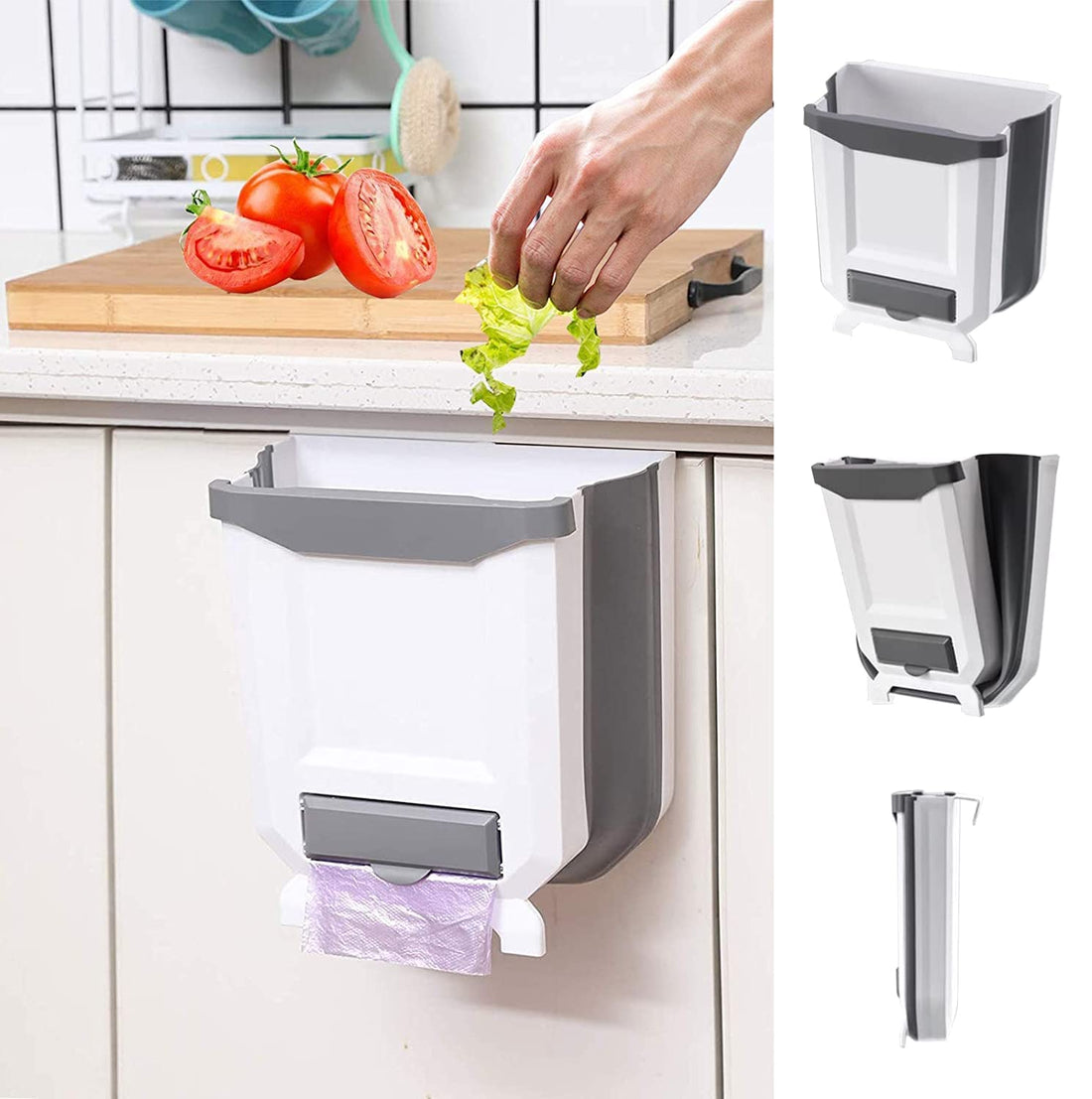 Hanging Kitchen Trash Can, Foldable Waste Bin for Kitchen, Collapsible Hang Small Plastic Garbage Can 2.4 Gallon for Cabinet/Car/Bedroom/Bathroom (White)
