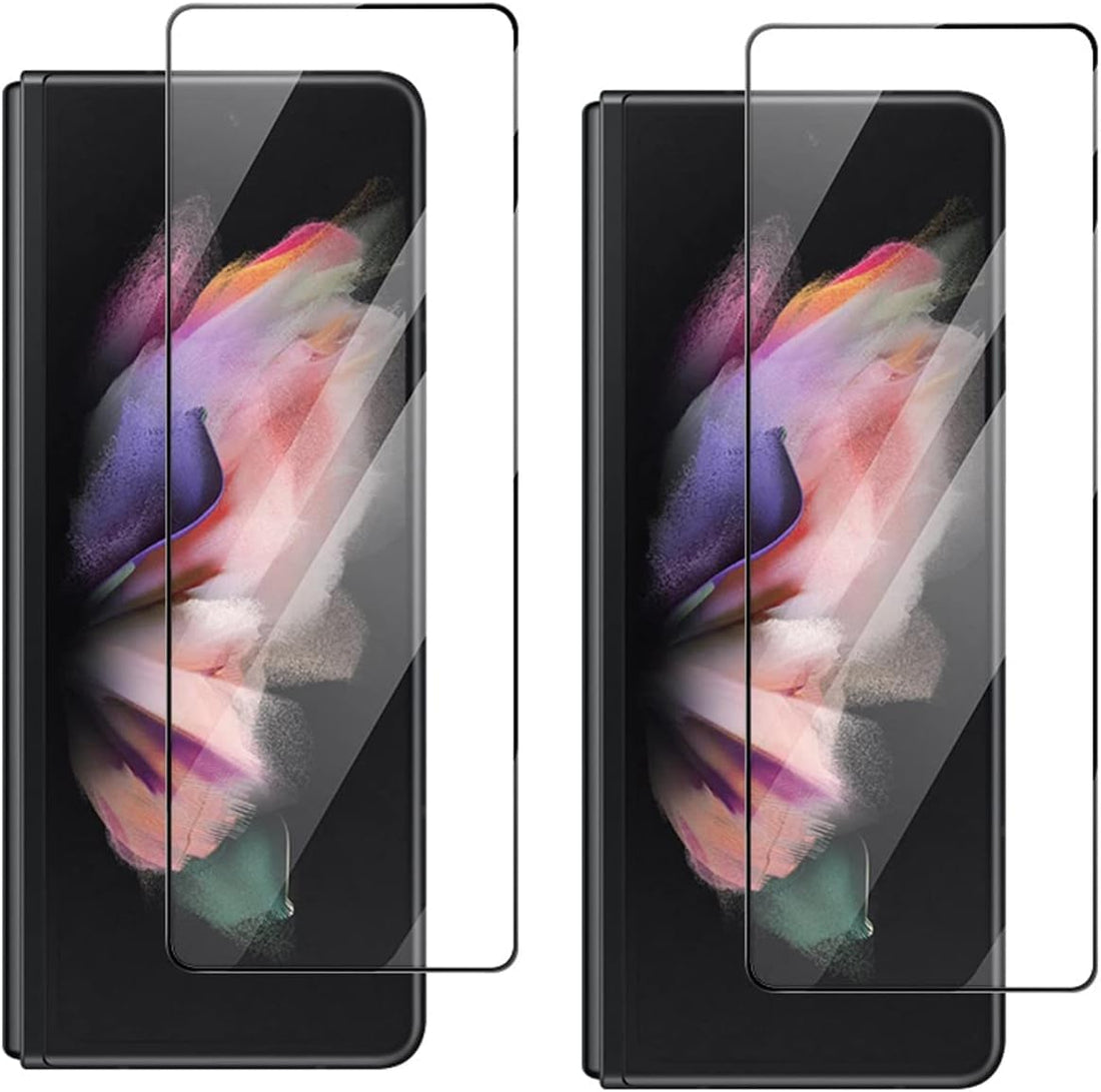 ELMO3EZZ 2 PCS Tempered Glass Screen Protector Compatible with Galaxy Z Fold 3, 2PCS Front(Outside) Full Covered Screen Tempered Glass Film Black suit for Samsung Z Fold3 5G