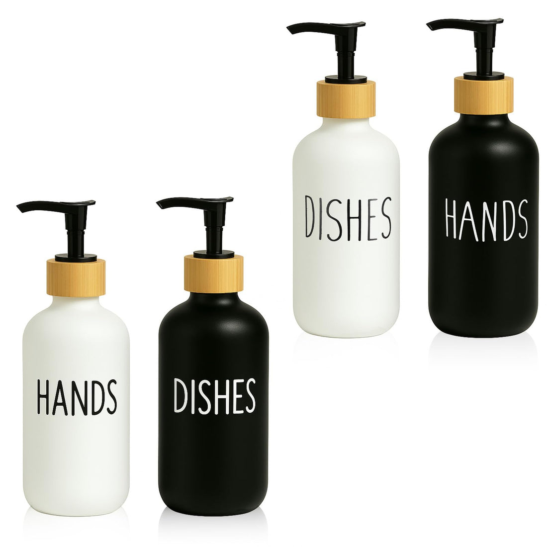 Dimeho 4 Pcs Glass Soap Dispenser for Kitchen, Hand Soap Dispenser Set Black Refillable Shampoo Conditioner White Farmhouse Decor Accessories for Kitchen Bathroom