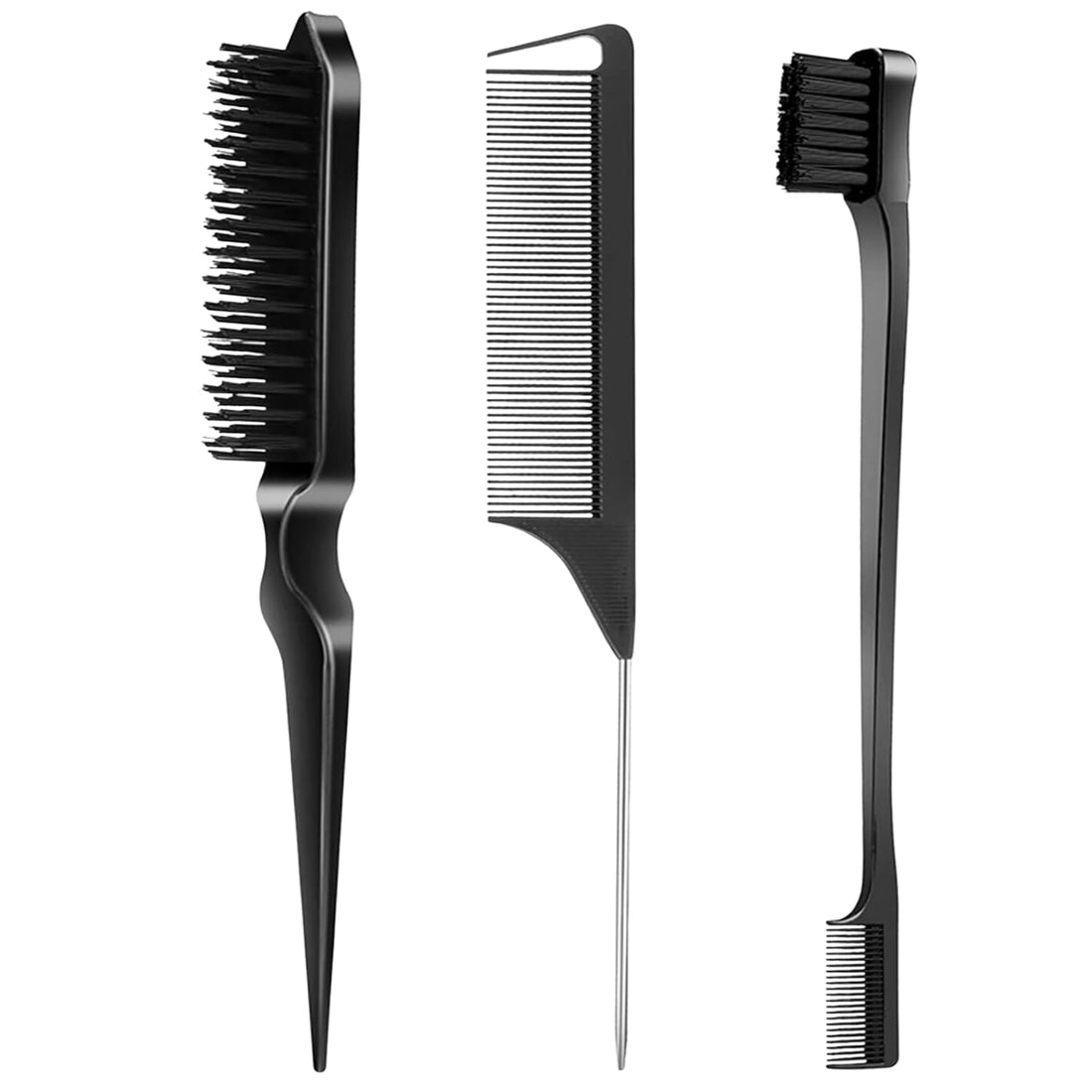 [3 Pcs] Slick Back Hair Brush Set with Edge Brush, Bristle Brush, Rat Tail Comb, Teasing Brush Set for Smoothing Baby Hair & Flyaways - Black