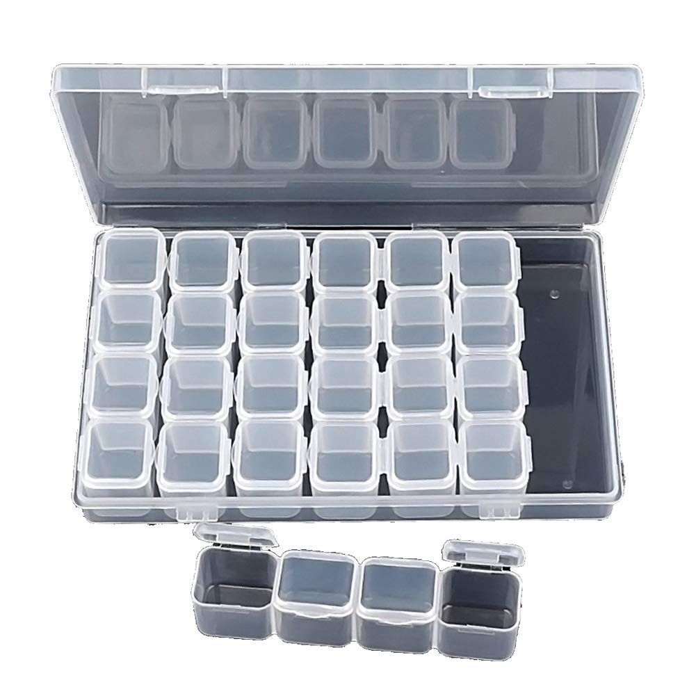 1 Pack 28 Grids Diamond Paint Box - Plastic Jewelry Organizer Storage Container for Embroidery, DIY Rhinestone Beads, Nail Tools, Small Findings - Clear