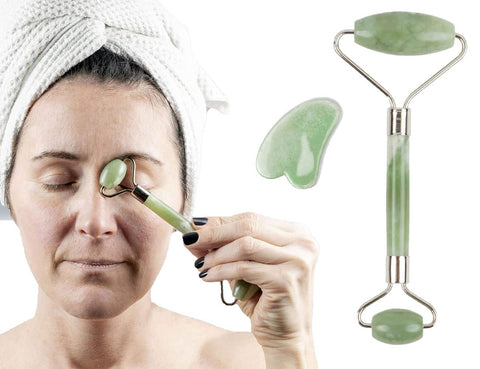 HYX Gua Sha and Face Roller Set, Authentic Natural Jade Stone, Professional Tools for Skin Care Routine, Wrinkles Treatment Tools, Massager Tools for Face, Neck and Body