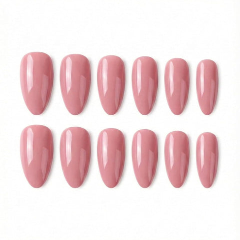 12 Pieces False Nails Set - Classic Almond Design with Strong Glass Shine - Quick Application Nails Natural and Elegant Look for Occasions and Daily Use (Pink)