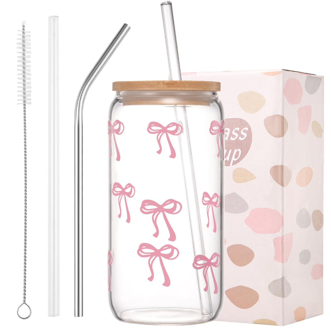 ANABIUP Coquette Cute Pink Bow Glass Cups with Lids and Straws, Aesthetic Iced Coffee Cup, Girly Preppy Design Tumbler Mug for Teen Girls Women Girlfriends Gifts