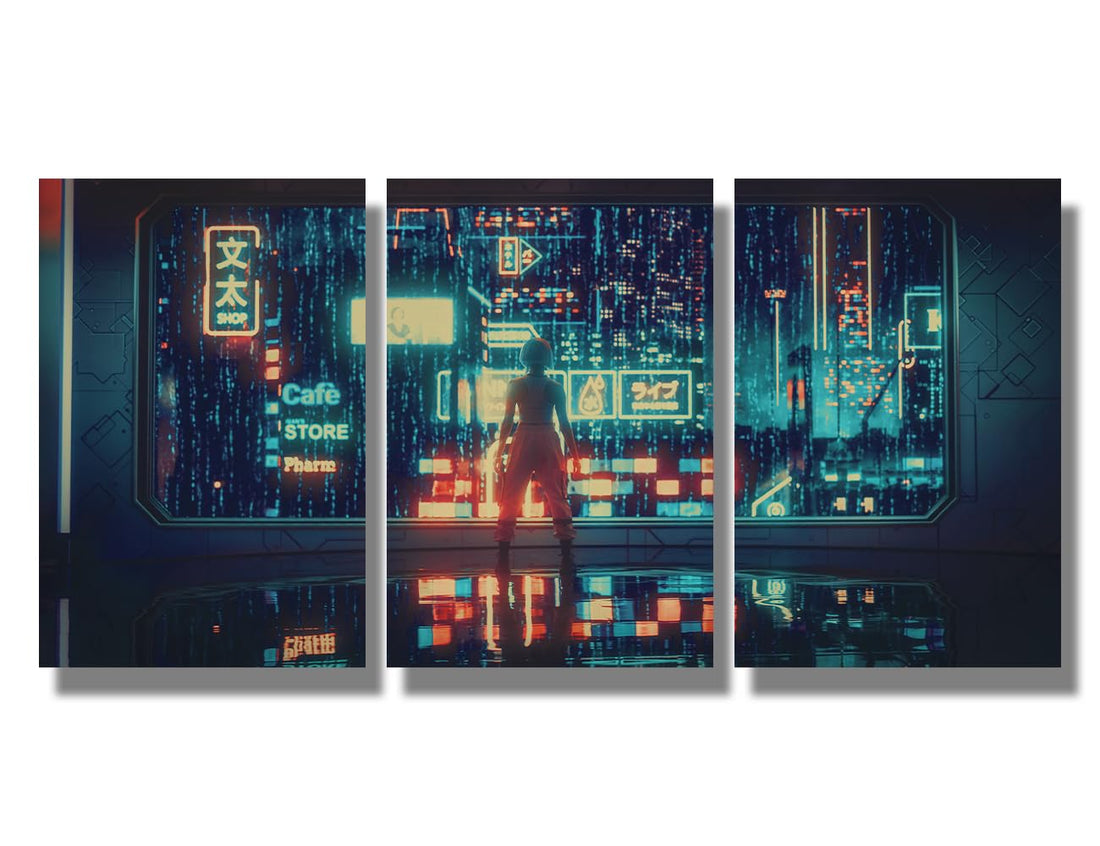 Wall Decorations for Living Room Futuristic City Scene in a Style of Pixel Art Pictures for Bedroom 3 Panel Canvas Wall Art Posters and Prints Artwork Giclee Framed Ready to Hang 12X16X3 INCH