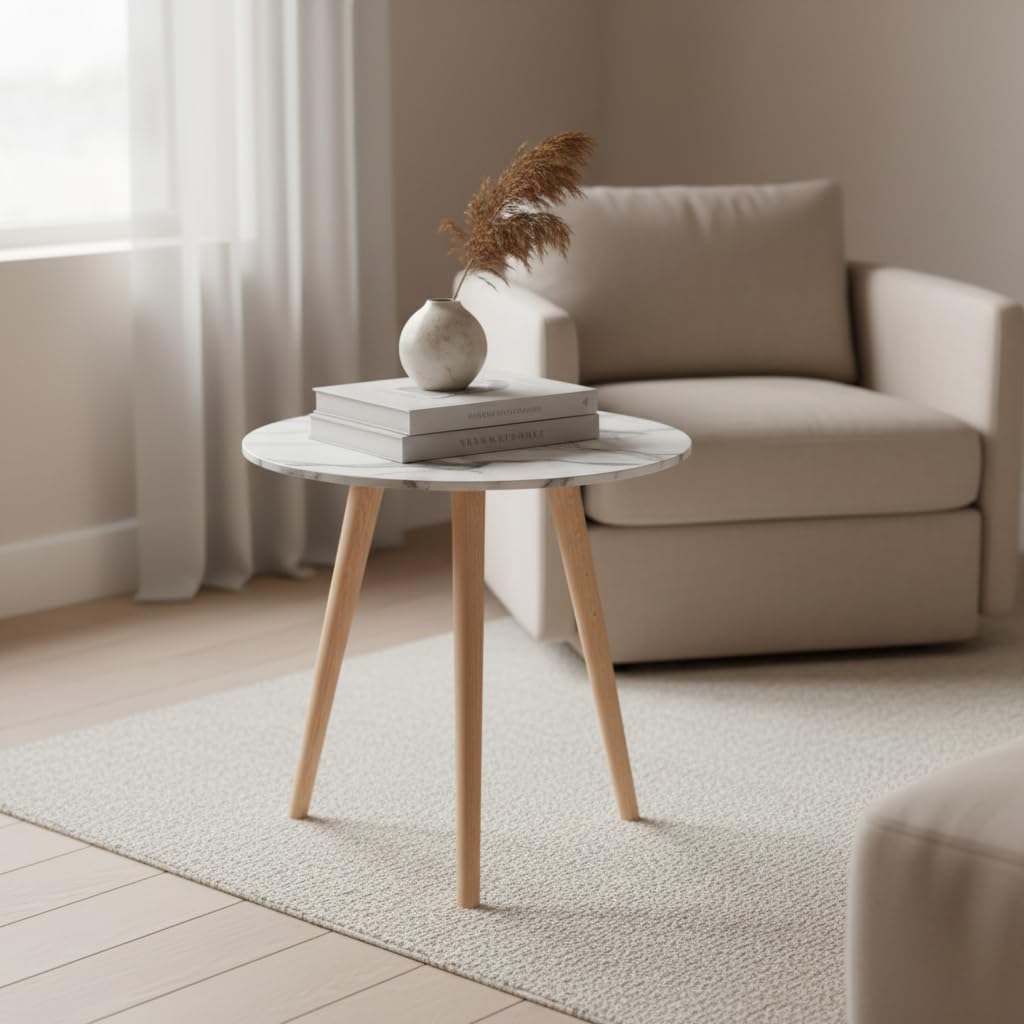 Round Wooden Side Table, 40cm Beech and MDF Melamine, Beige Minimalist Nightstand with PVC Top, Modern Accent Table for Living Room and Bedroom (White Marble)