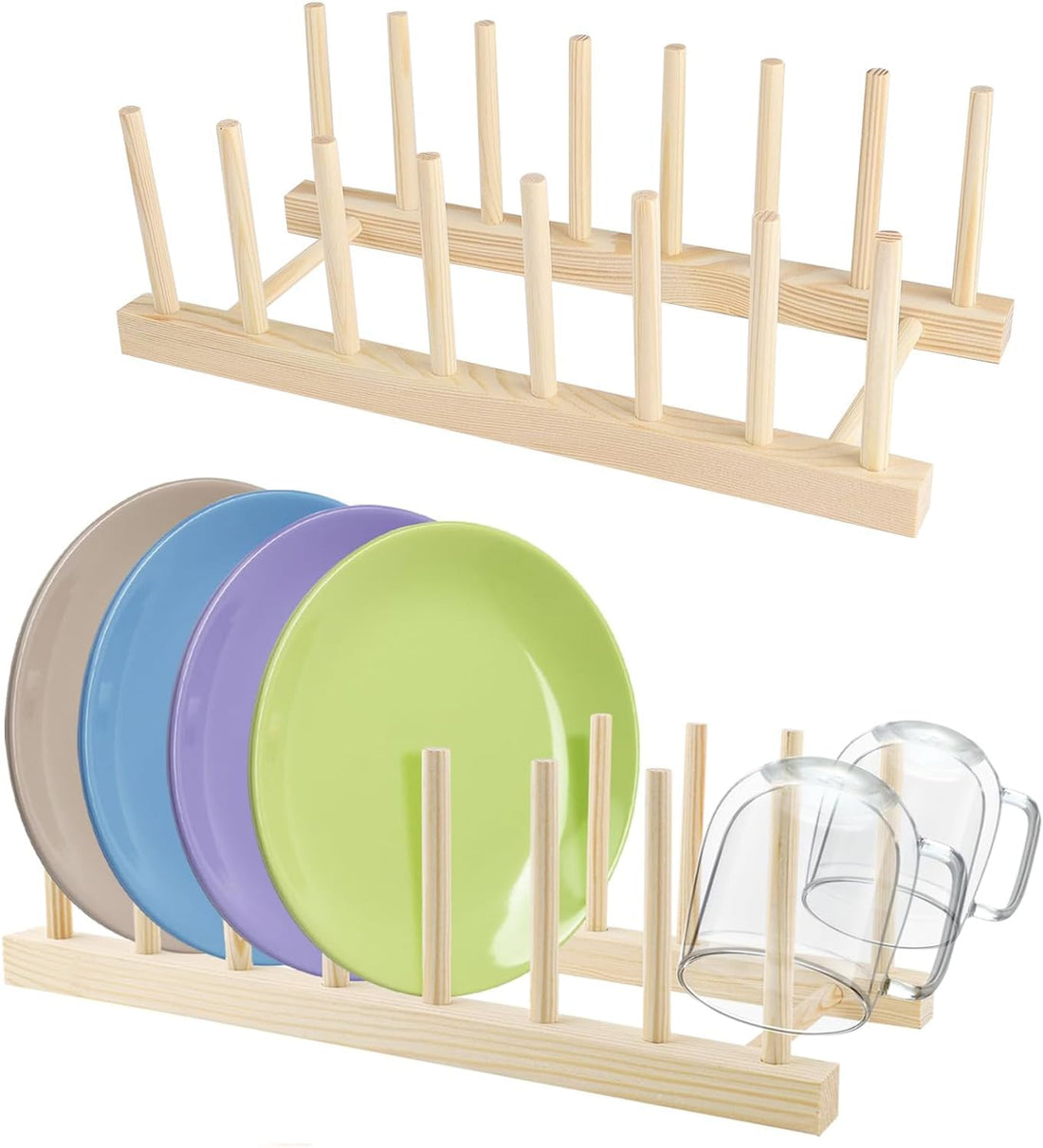 Pack of 2 Plate Stands, Plate Holder, Wooden Draining Rack, Bamboo Dish Draining Rack, Plate Stand, Bamboo Shelf Kitchen, Plate Holder for Plates, Cups, Pot Lids