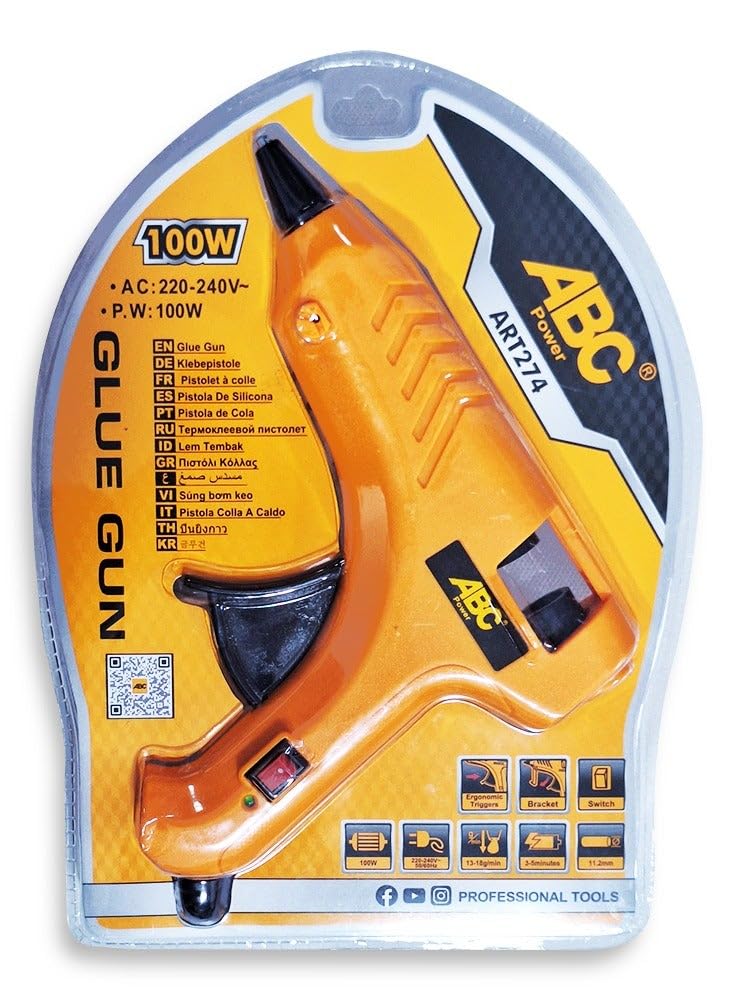 Hot glue gun 100W, with on/off switch for added safety, built-in mounting base, 220-240V, suitable for 11.2mm (2 Glue Sticks) diameter glue sticks, non-slip for greater comfort during use, suitable f