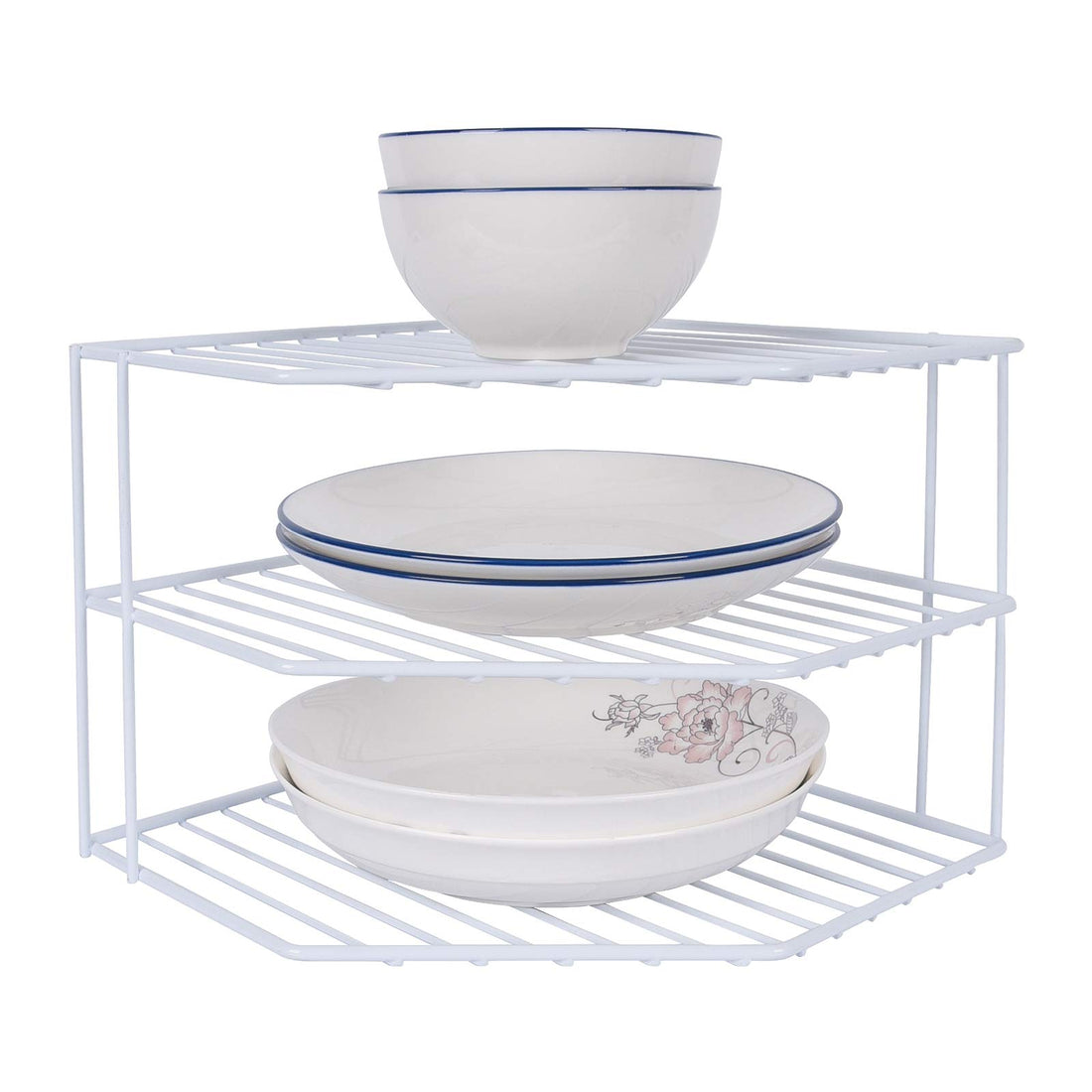 3-Tier Corner Shelf and Counter Organizer for Cabinets and Pantries, a Rust-Resistant Steel Metal Wire Rack for Storing Plates and Dishes