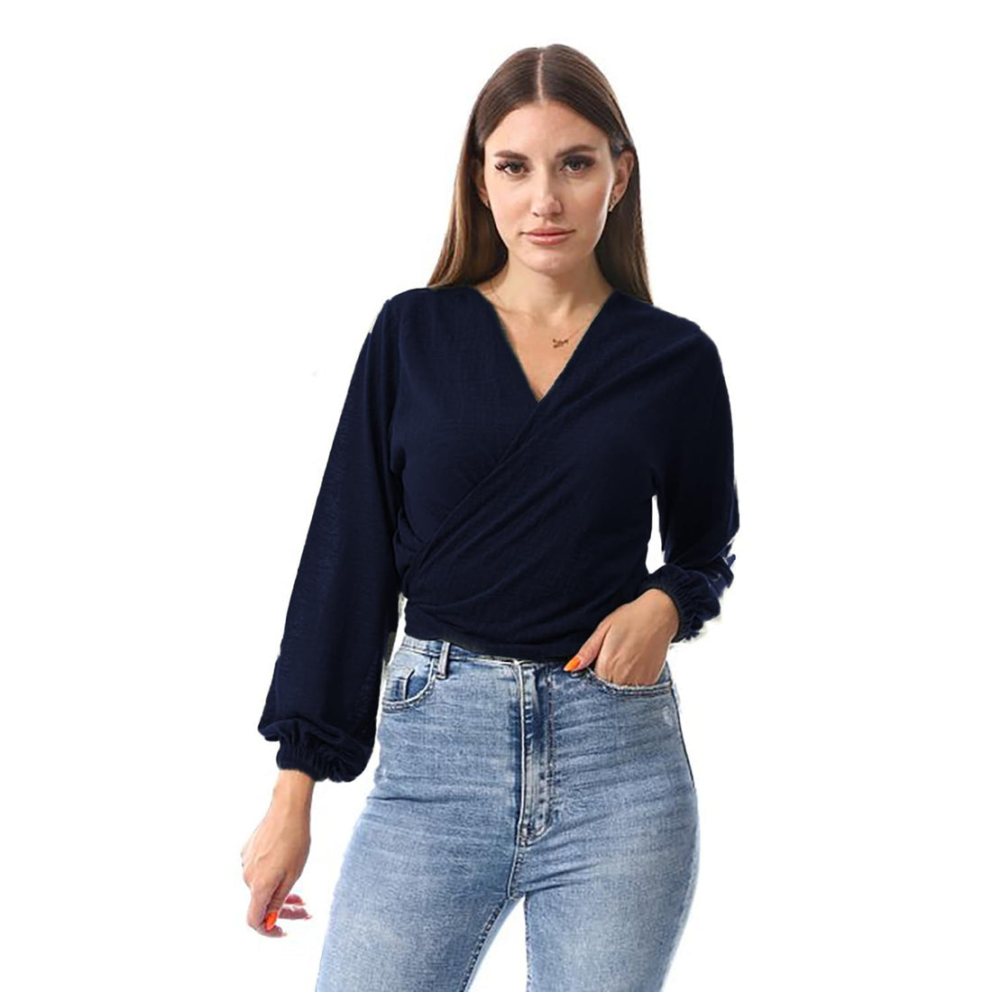 Women's Deep V Neck, Crossover Style, Puff Long Sleeve Blouse with Elastic Cuff