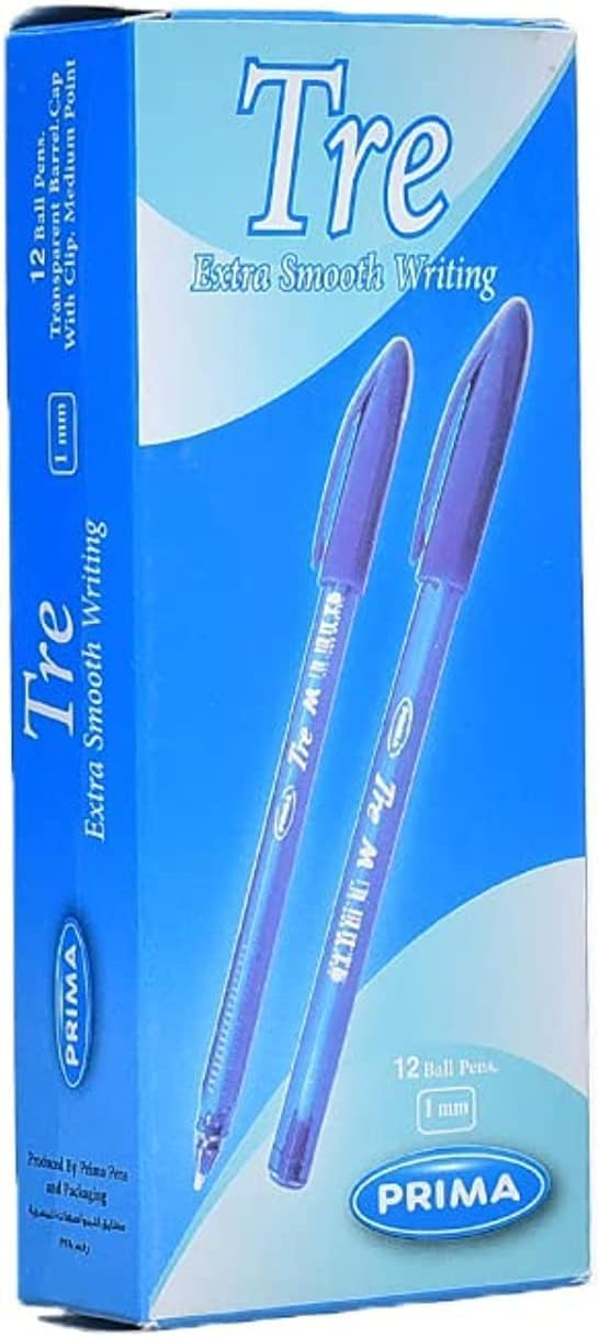 Prima tre ball pen extra smooth writing, liquid fluid ink 1 mm pack of 12 pcs - blue