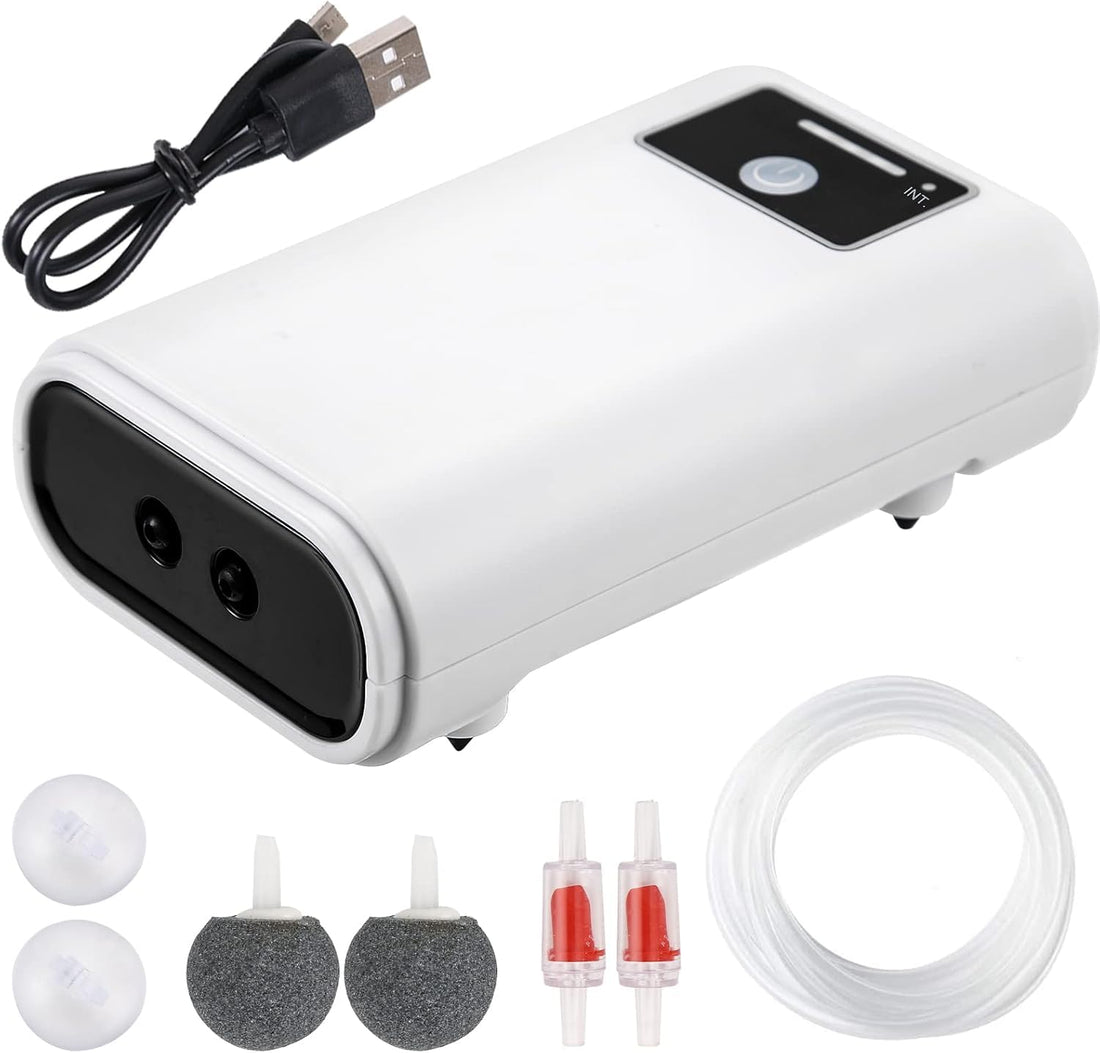 Aquarium Air Pump, 3 W Quiet Oxygen Pump, Aquarium Pump, Check Valve with Double Air Holes, 2 x 3.2 L/Min, USB Rechargeable, for 10-100 L Fish Tanks and Aquariums