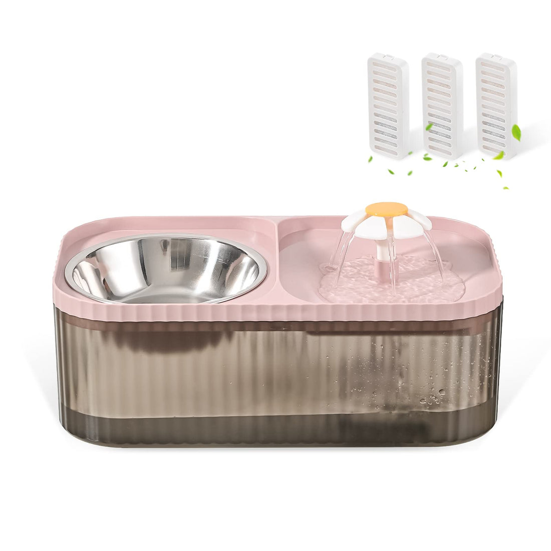 Cat Water Fountain and Food Bowl, 3L/101oz Ultra Quiet Pet Water Dispenser with Smart Pump and 3 Replacement Filters, Automatic Flower Fountain & Stainless Steel Bowl for Dog Cat (Black&Pink)