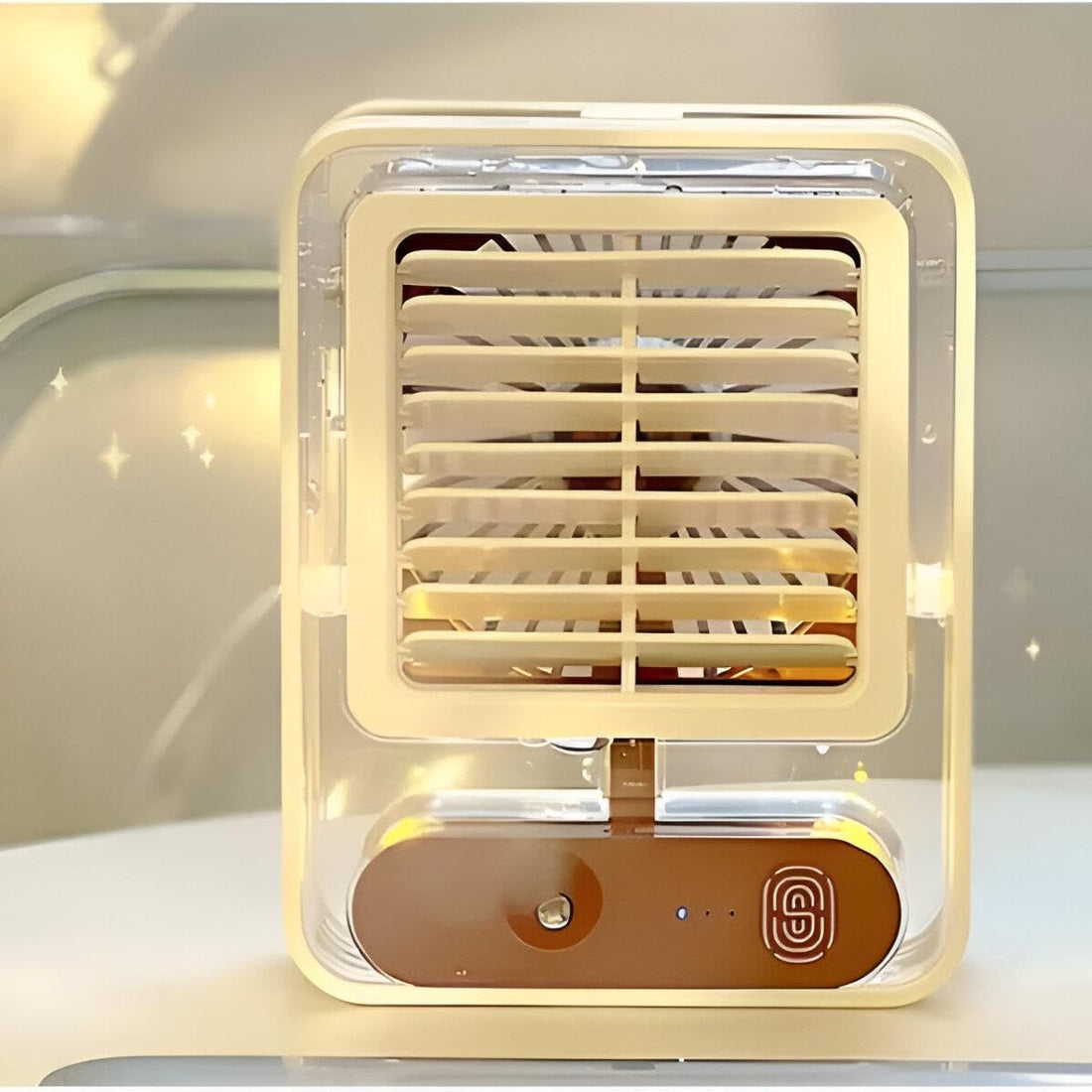Portable Air Conditioner - USB Rechargeable 3-in-1 Evaporative Cooler, Fan, and LED Light. Features Touch Control, 3 Speeds, Adjustable Airflow, Mist Spray, and Rechargeable Battery Operation.
