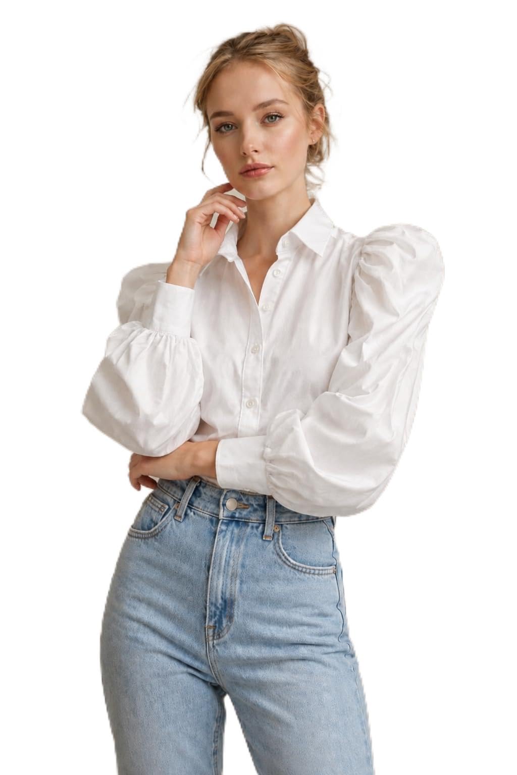 Women's Embroidered Cotton Blouse, White, Puff Sleeve, Button-Down Shirt