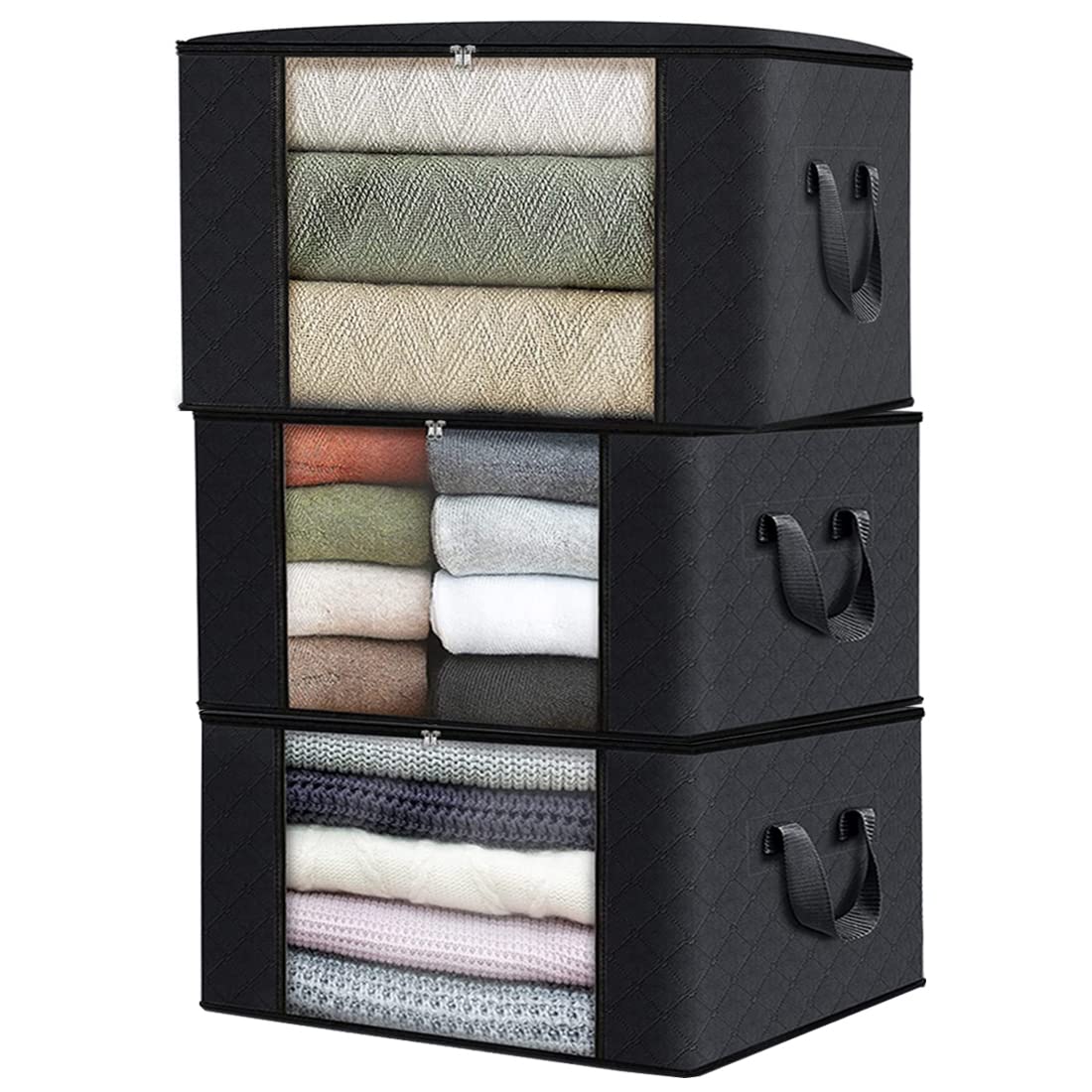 Large Storage Bags, 3 Pack Clothes Storage Bag Foldable Organizers with Reinforced Handle Thick Fabric for Comforters, Blankets, Bedding, Storage with Sturdy Zipper, Clear Window, 90 L (BLACK)