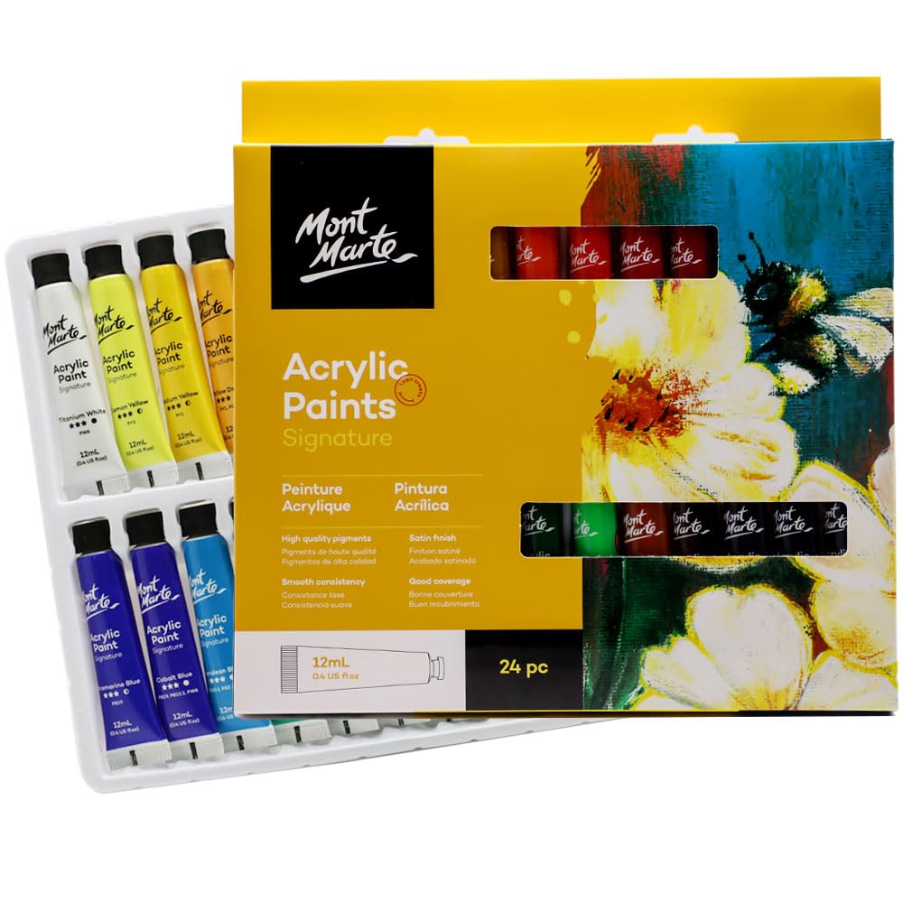 Mont Marte Acrylic Paint Set 24 Colors 12 ml, Ideal for Canvas, Wood, Fabric, Leather, MDF and Crafts (24 Bright 12 Pack)