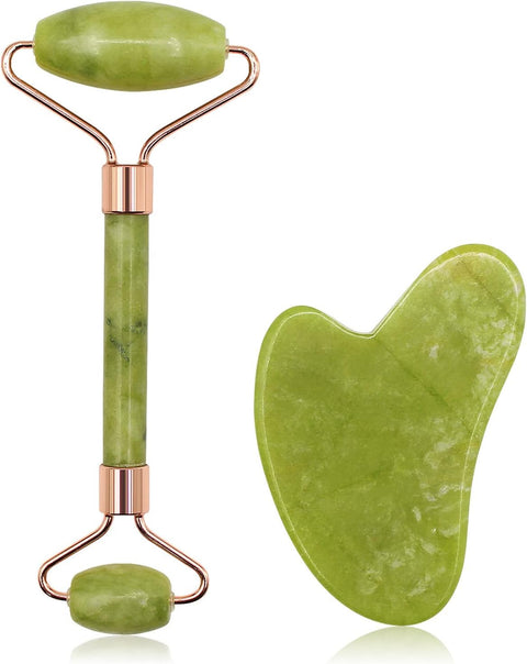 Jade Roller Set and Gua Sha Facial Roller Massager Facial Sculpting Tool Natural Stone Skin Care for Neck and Eyes Reduces Puffiness, Wrinkles and Smoothes Fine Lines