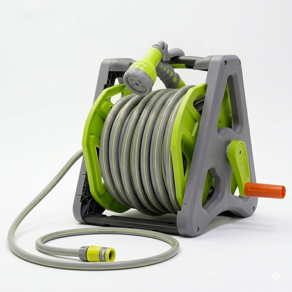 Garden Hose Reel with Anti-Twist Hose, 20 Meters, Wall Mount System, Multifunctional Nozzle, Quick Connectors
