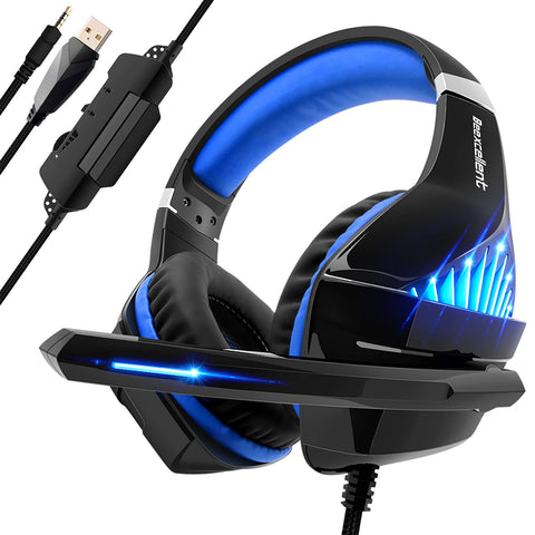 Ozeino GM5 Gaming Headset, 7.1 Surround Sound PS4 Headset with Microphone, For Games, PC Headphones, Heavy Bass, Telescopic, Noise Isolation, Wired, FPS Compatible, LED Light,