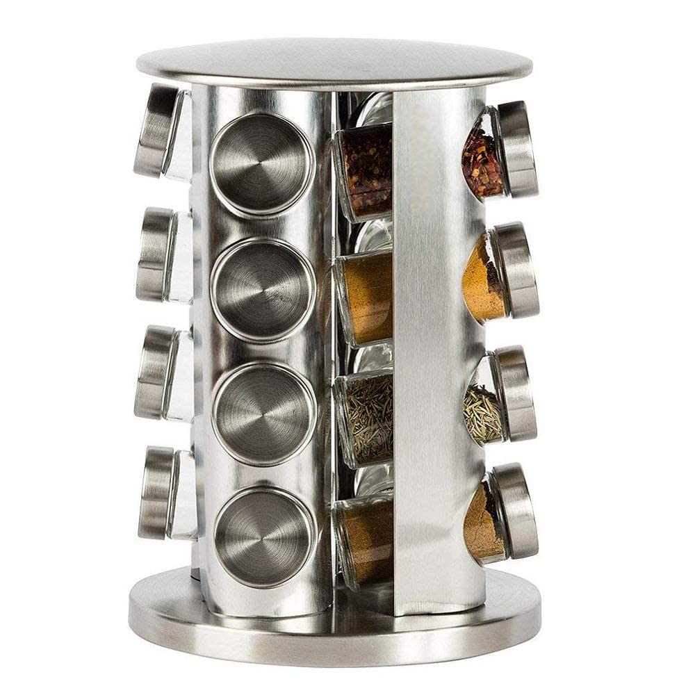 16 Pcs Stainless Steel Spice Jar Set Masala Storage Bottle Revolving Rack Stand for modern Kitchen