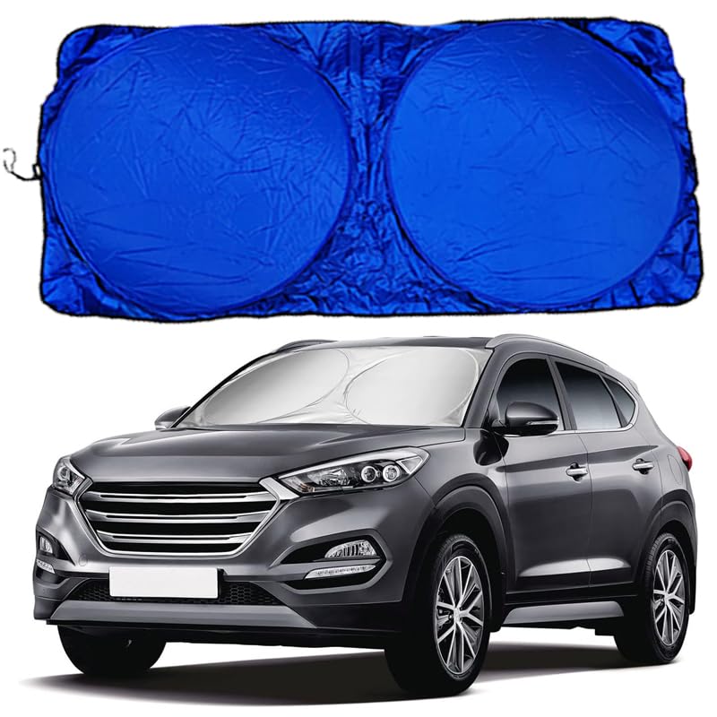 KaberMisr 2020 Car Windshield Sun Shade Foldable Sunshade Protector UV Rays Keep Car Cool (Round Silver Waja Blue, 150 * 70cm Code:5556)