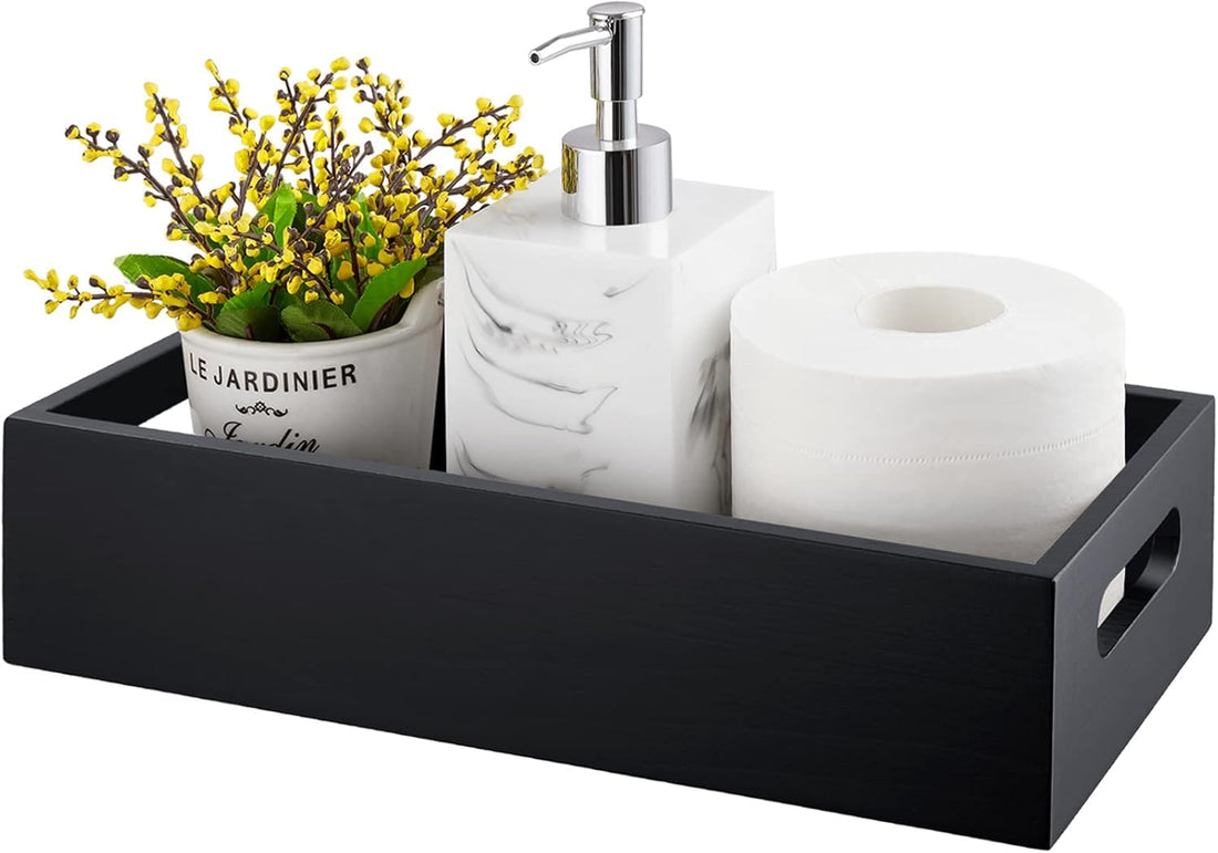 Tazweeq Bathroom Decor Box, Black Bathroom Basket, Wooden Toilet Tank Paper Basket with Handle for Organizing, for Bathroom Tank Topper