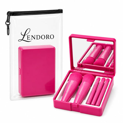 LENDORO Makeup Brush Set, 5 Pcs, with Portable Case and Mirror (Fushia)