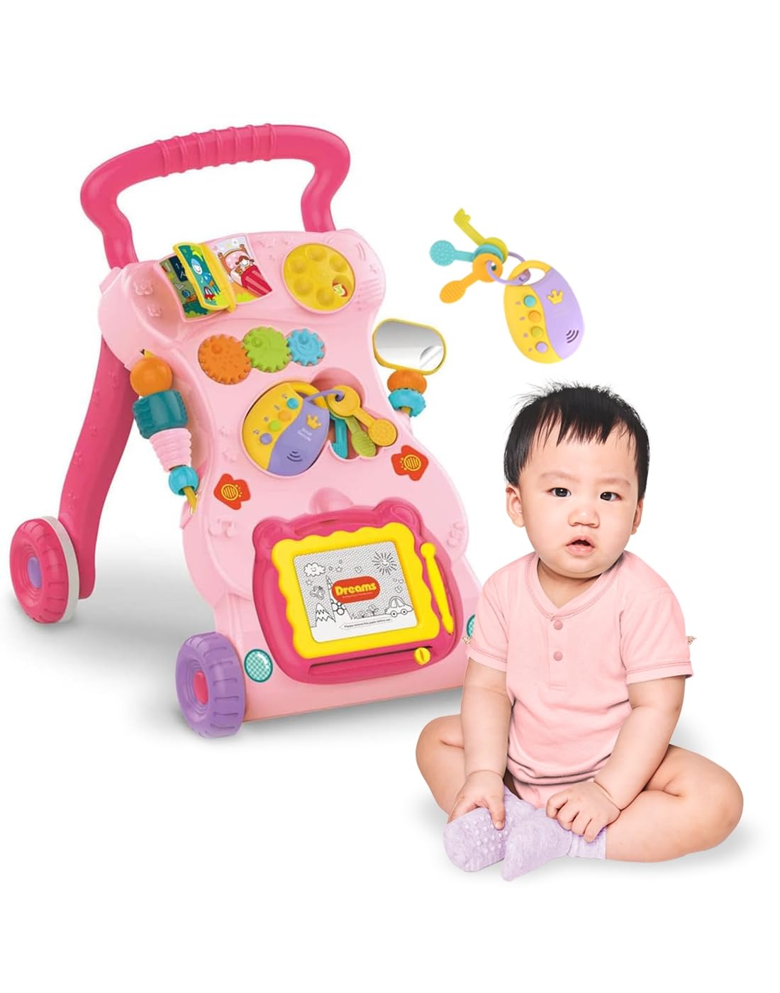 3 in 1 Baby Walker with Drawing Board and Remote for Girls and Toddlers, Sitting and Standing Baby Walker, Activity Table, Early Push-Thru Walker, Poking Toys for Toddlers 8 to 36 Months (Pink)
