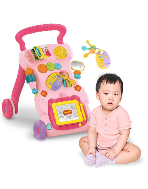 3 in 1 Baby Walker with Drawing Board and Remote for Girls and Toddlers, Sitting and Standing Baby Walker, Activity Table, Early Push-Thru Walker, Poking Toys for Toddlers 8 to 36 Months (Pink)