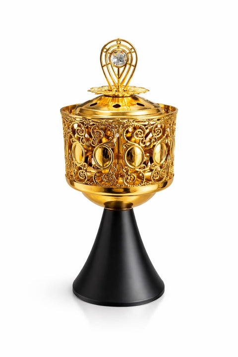 Decorative Gold Metal Incense Burner – Mabkhara Bakhoor Holder for Home, Ramadan & Eid Décor, Islamic Gift, Ornamental Incense Stand (SA165black)