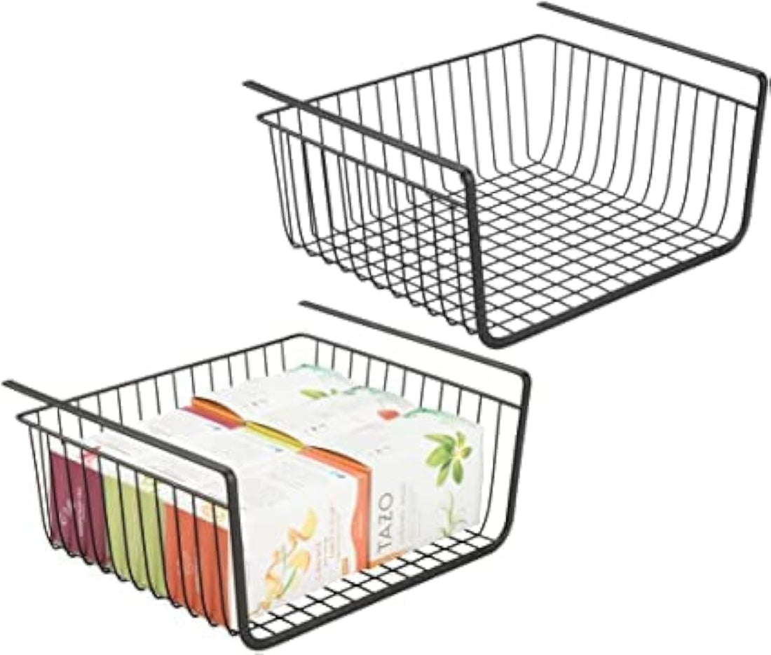Household Metal Under Shelf Hanging Storage Bin Basket with Open Front for Organizing Kitchen Cabinets, Cupboards, Pantries, Shelves - Large, 2 Pack - Black