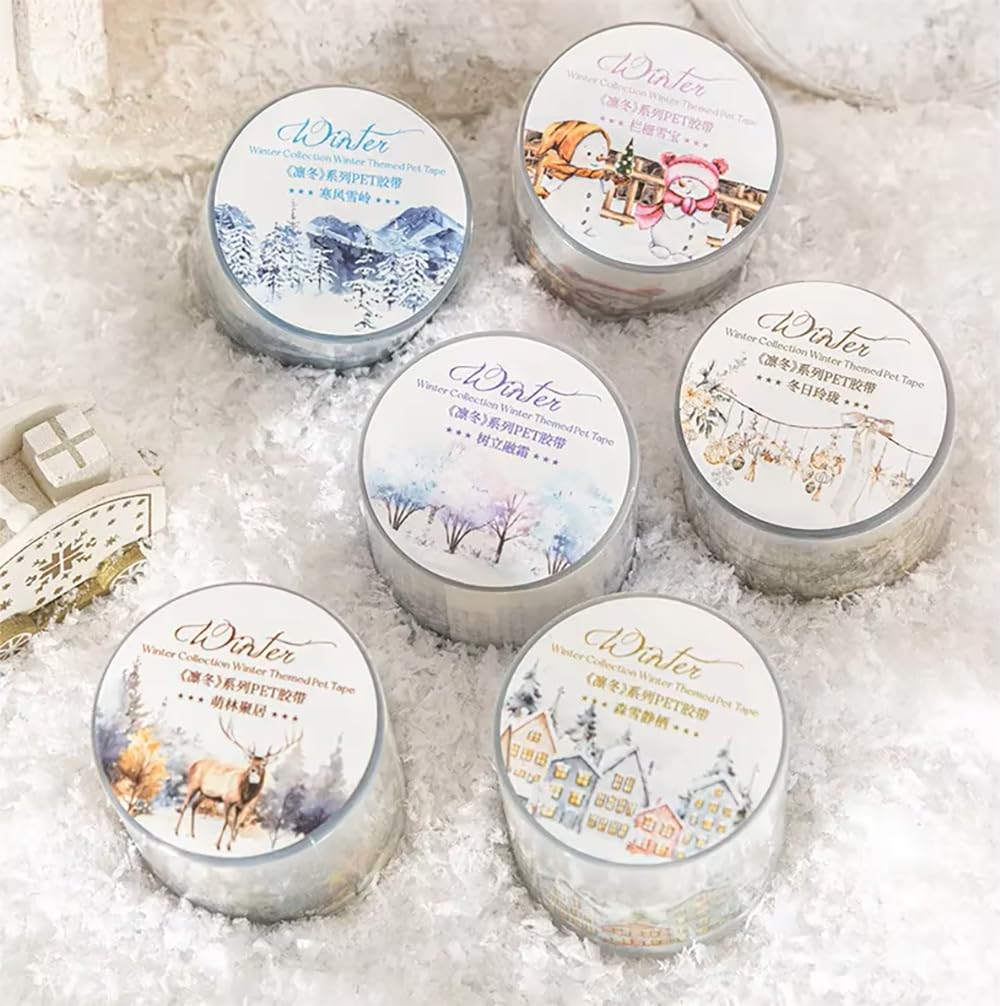 Set of 6 rolls Winter Dream Journey Frost Series Tape, Decorative Tape PET Flower Stickers for Crafts Journaling Scrapbook Supplies