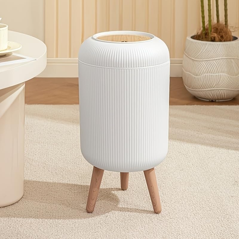 Touch Ribbed Soft Scandinavian Style Trash Can Combines Functionality And Aesthetics With Touch Lid, Durable Plastic Legs With Stylish Wooden Balloon Without Worry Of Damage And Moisture.