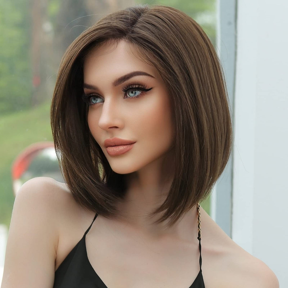 ECIF Brown Lace Bob Wigs For Women Shoulder Length Natural Synthetic Wig With Fringe For Daily Use