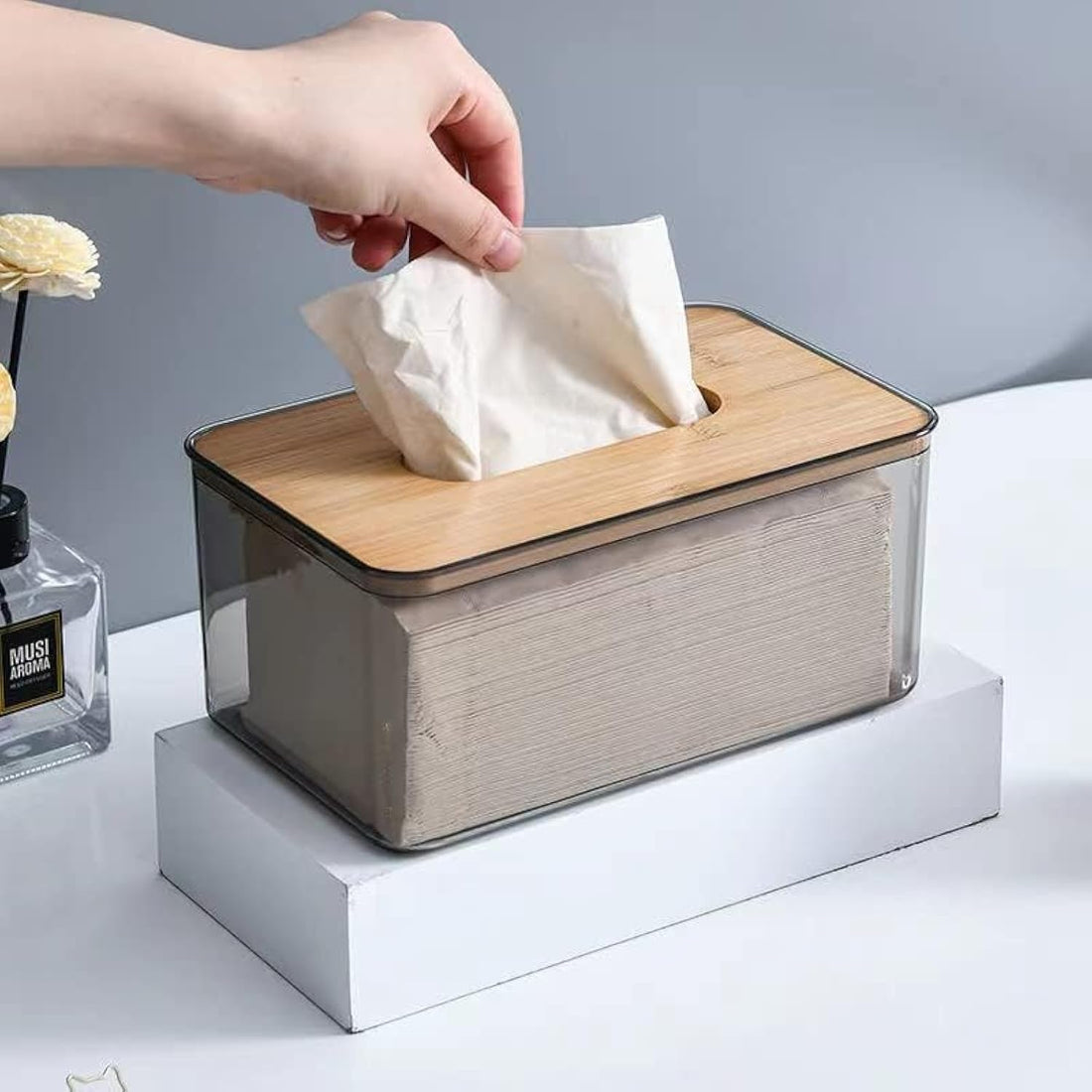 Tissue Box Cover Holder, Minimalist Transparent Tissue Dispenser Box with Bamboo Lid, Rectangle Dryer Sheet Dispenser Holder, Facial Tissue Holder for Bathroom Living Room Bedroom (Large)