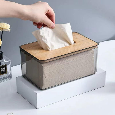 Tissue Box Cover Holder, Minimalist Transparent Tissue Dispenser Box with Bamboo Lid, Rectangle Dryer Sheet Dispenser Holder, Facial Tissue Holder for Bathroom Living Room Bedroom (Large)