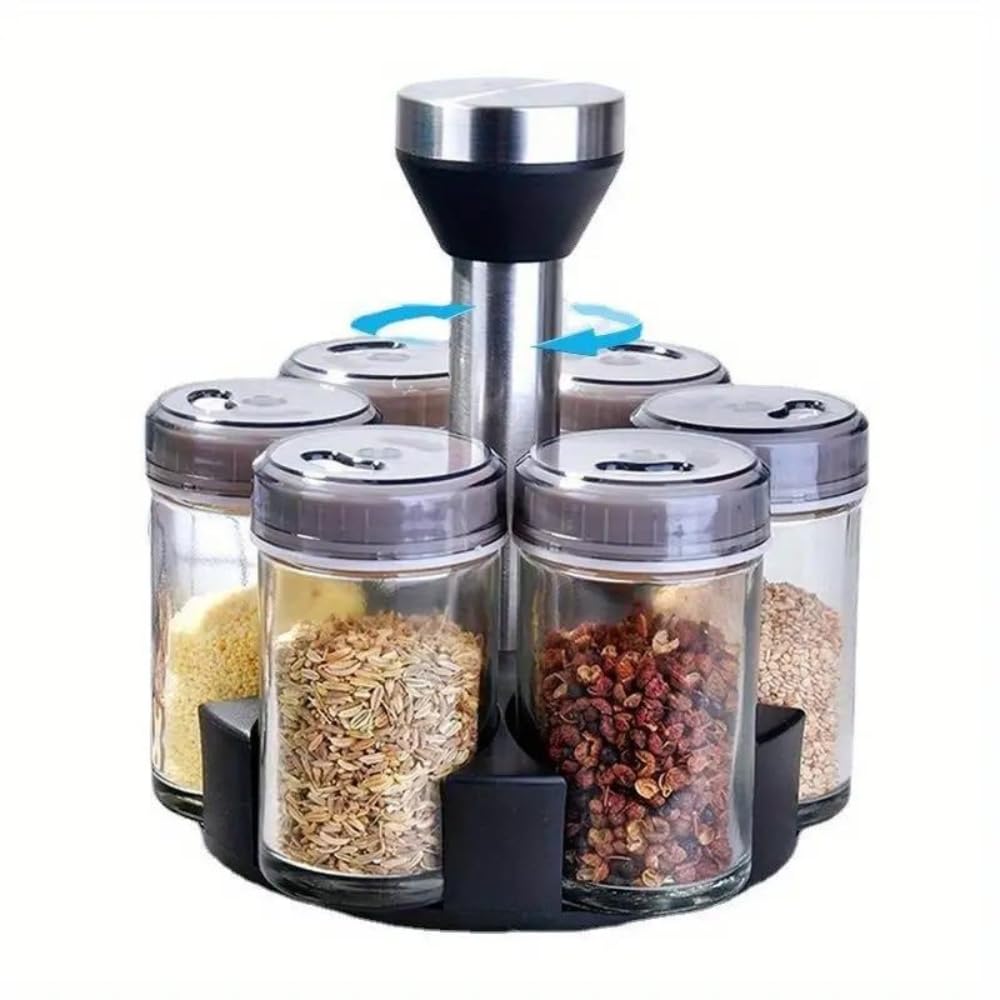 MASKER 360° Rotating Spice Rack Organizer with 6 Glass Jars - Airtight Lids for Freshness, Adjustable Pouring Holes, and Sleek Design - Perfect for Herbs, Spices, and Seasonings