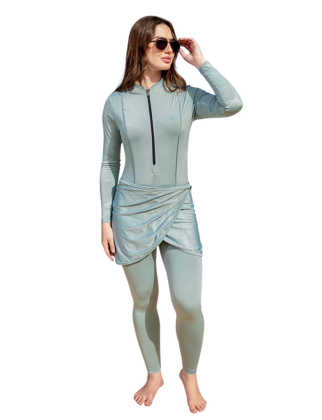 Women's 4 Piece Hijab Swimsuit – Stylish and Modest Tropical Design – Women Swimsuit with Zipper Cardi Skirt, Pants, Veil – Quick Dry and Comfortable Fabric