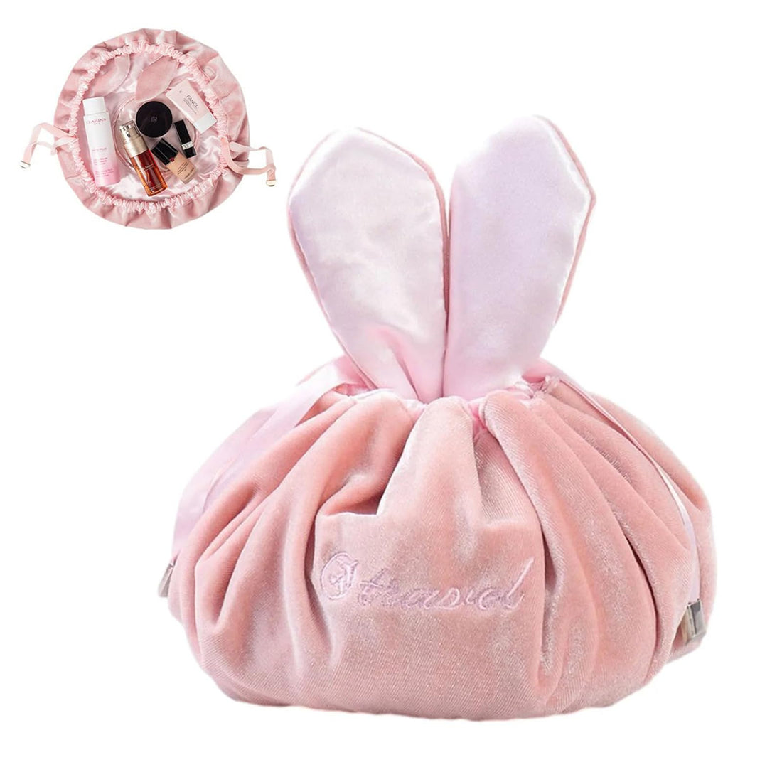 Large Capacity Lazy Makeup Bag, Portable Cute Rabbit Cosmetic Organizer, Soft Velvet, Drawstring Cosmetic Bag with Compartments, for Women and Girls, Gift for Girls - Pink