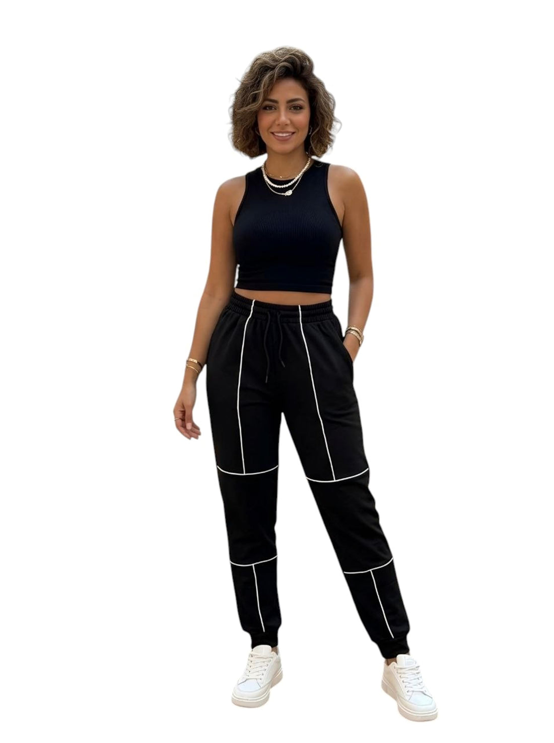 MEZA Women's Sweat Pants Dafing Elastic Drawstring Elastic Waist White Stripes Comfortable Sport Casual Pants