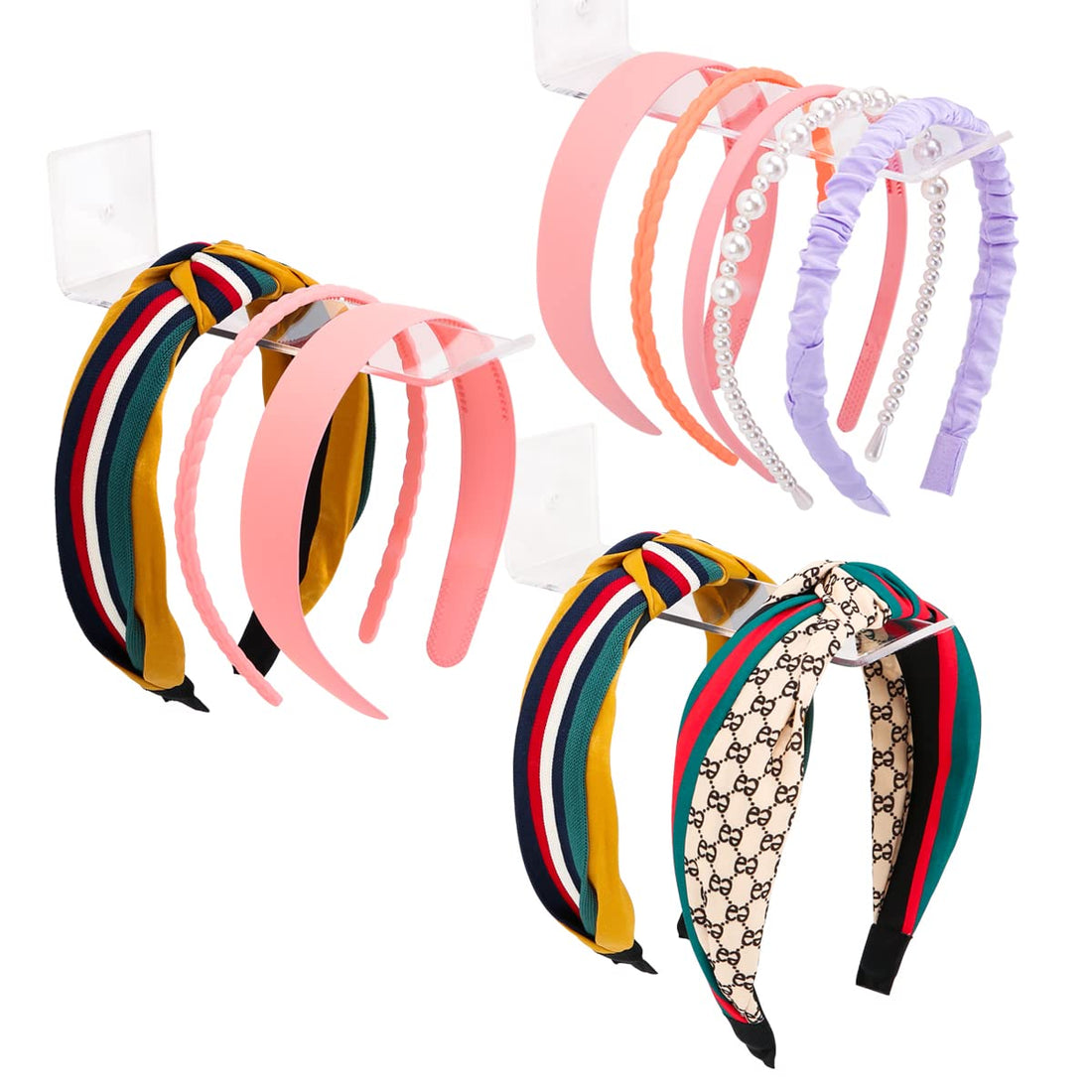 BEST MEDIA Clear Acrylic Headband Organizer and Storage 3 Pack, Modern Hairbow and Hair Accessory Holder for Girls & Women, Wall Mount or Countertop Display Stand for Tidy Vanity & Closet