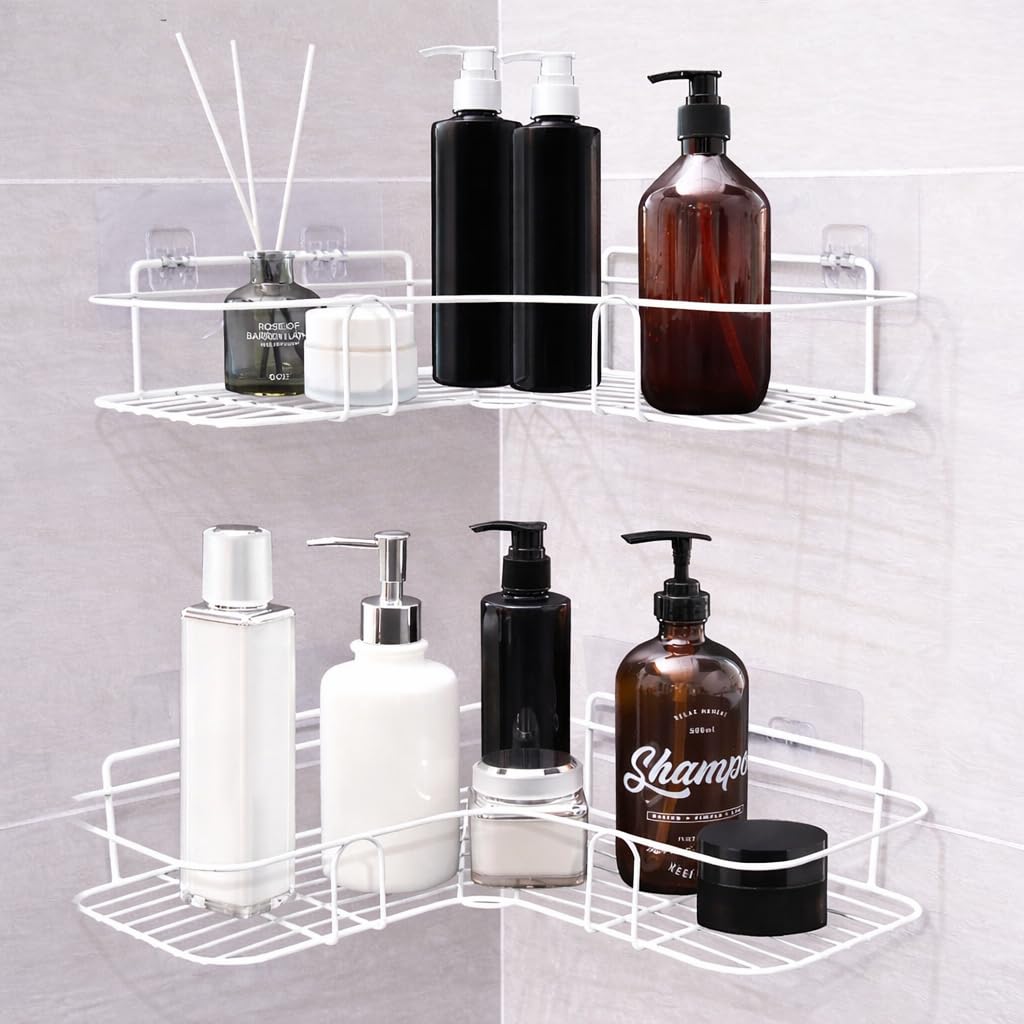 set of 2 Corner Shower Shelf Organizer 20x20 cm,Metal Bathroom & Kitchen Rack, Rust-Resistant Electrostatic Powder Coating, Strong Double-Sided Adhesive, No Drill,Corner Shelf Organizer (White)