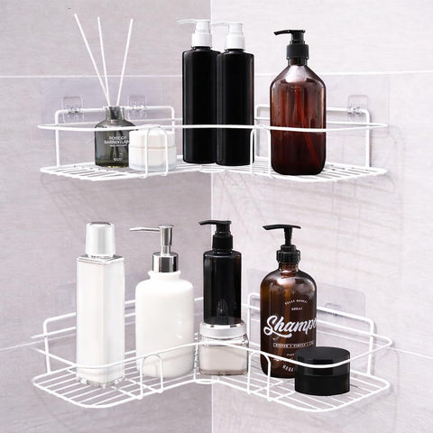 set of 2 Corner Shower Shelf Organizer 20x20 cm,Metal Bathroom & Kitchen Rack, Rust-Resistant Electrostatic Powder Coating, Strong Double-Sided Adhesive, No Drill,Corner Shelf Organizer (White)