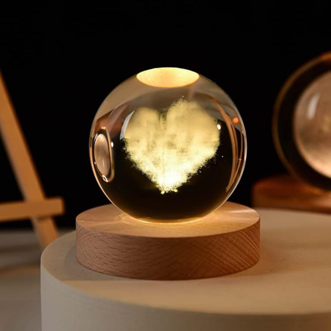 Desidiya® 3D Heart Crystal Ball Night Lamp - Creative Engraved LED Table Light with USB and Wooden Base, Perfect for Home Office Decor and Birthdays- Warm White
