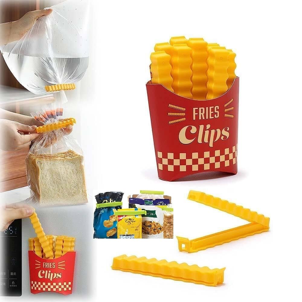 SWOPPLY Cute French Fries Shape 12 Pcs Plastic Food Bag Sealing Clips Packet for Moisture Proof Fresh Keeping Food Sealer Snacks Keep Fresh Bag Holder Clamps with 1 Magnetic Hard Paper Box Multicolor