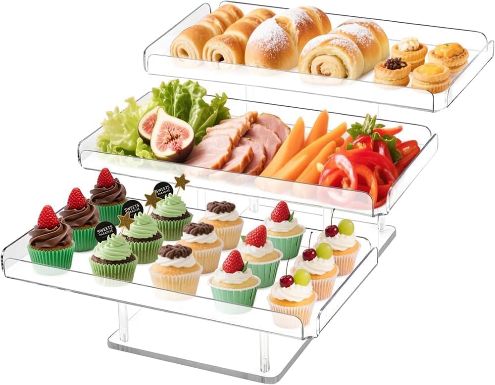 Best Media Acrylic 3 Tier Serving Tray Tiered Cupcake Stand Dessert Display for Party Cookies Fruits Veggies, Rectangular