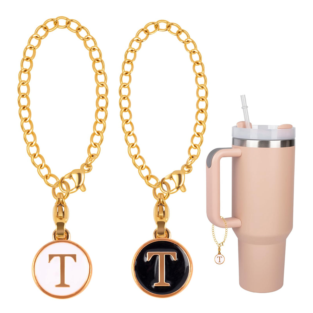 2Pcs Letter Charms Accessories for Stanley Simple Modern Cup Name id Plate Initial Letter Handle Personalized Charm For Stanley Tumbler Water Cup Handle Identification Letter Charm Chain White Black